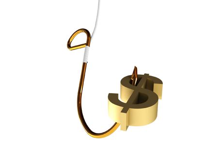 Bait (money). Fishhook and dollar sign isolated on white background. High quality 3d render.の写真素材