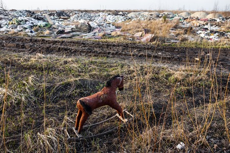 Old threadbare rocking horse thrown away to the dump in the fieldの写真素材