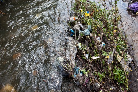Water pollution. Garbage in the urban stream.