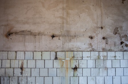 Old dirty wall whitewashed at the top and tiled at the bottom.の写真素材