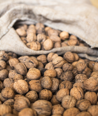 Pile of walnuts in shell. Linen sack with walnuts in the background.