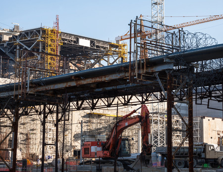 CHERNOBYL, UKRAINE -  OCTOBER 16, 2015: Construction of New Safe Confinement (or New Shelter) at Chernobyl Nuclear Power Plant over the nuclear reactor destroyed by Chernobyl disaster in 1986.のeditorial素材
