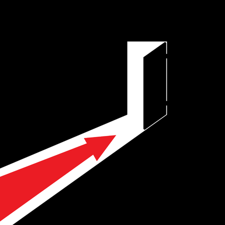 Arrow showing the direction to the open door. Direction to the exit or to the entrance. The way out of the darkness to the light. Vector illustration.のイラスト素材