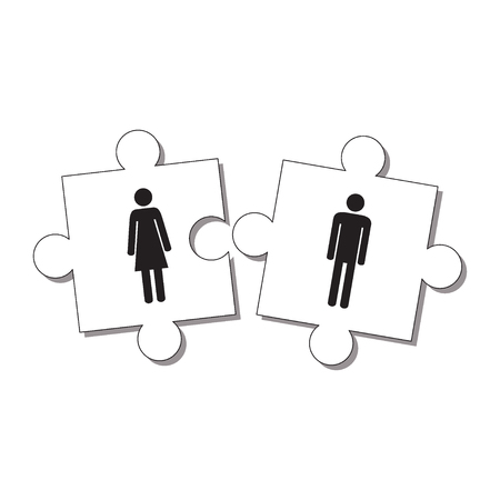 He and she puzzle. Love and relationship concept. Find your second half. Happy Valentine's day card. Vector illustration.のイラスト素材