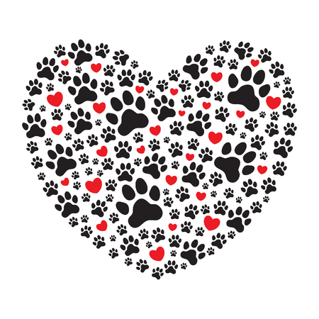 Heart filled with animal's (dog's) paw prints and red hearts. Love pets. Love animals. Vector illustration.のイラスト素材
