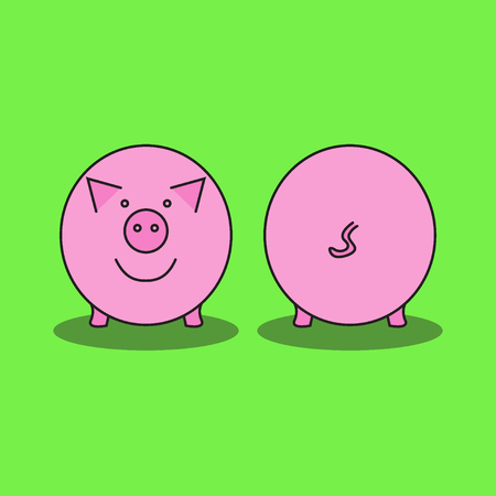Pink pig. Front view and back view. Pig's snout and pig's tail. Vector illustration.のイラスト素材