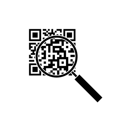 Qr code through the magnifying glass. Icon. Data. Product sign. Black and white. Vector illustration.のイラスト素材