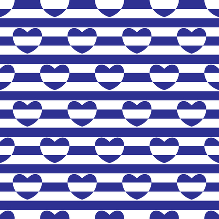 Striped seamless pattern with hearts. Blue and white colors. Vector illustration.のイラスト素材