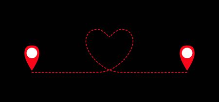 Two geolocation signs connected with heart route. Connecting lovers. Long distance relationship. Love knows no distance. Happy Valentine's day card. Vector illustration.のイラスト素材