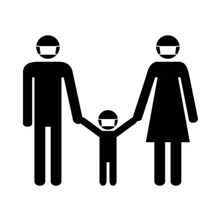 Parents and kid in medical masks. Icon. Wear mask to stop spreading the infections, including Coronavirus (Covid-19) disease. Responsibility. Vector illustration.のイラスト素材