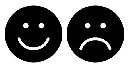 Happy and sad face icons. Smiley. Face symbols. Flat stile. Black and white vector illustration.のイラスト素材