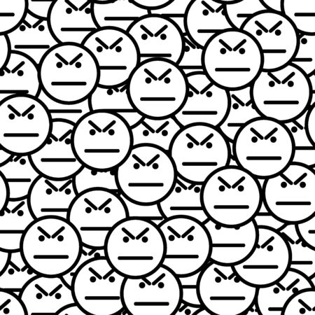 Angry faces (angry smile icons) seamless pattern. Black and white. Anger and protest in a crowd. Vector illustration.のイラスト素材