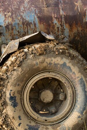 Muddy wheels of the big truck. Close up.の写真素材