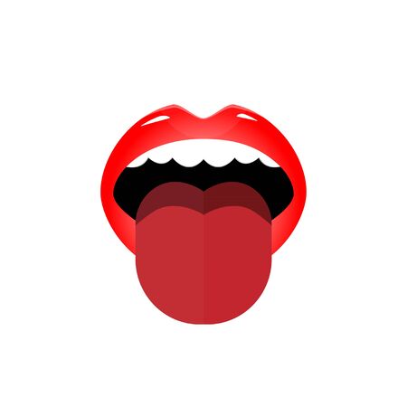 Open mouth with red female lips and tongue icon. Cartoon illustration of open mouth with red female lips and tongue vector icon for webのイラスト素材