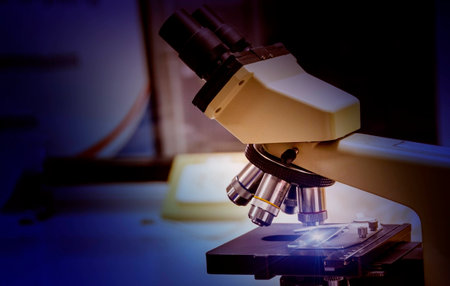 Close  up of Microscopes with lens in Laboratory.