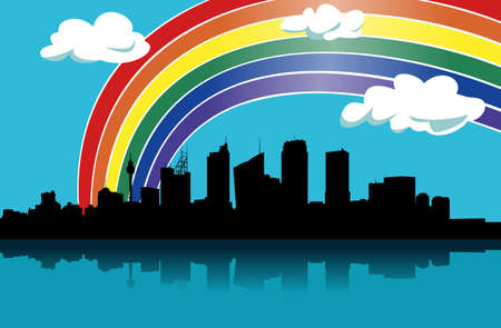sydney silhouette, reflection in water, rainbow in background, two cloudsの写真素材