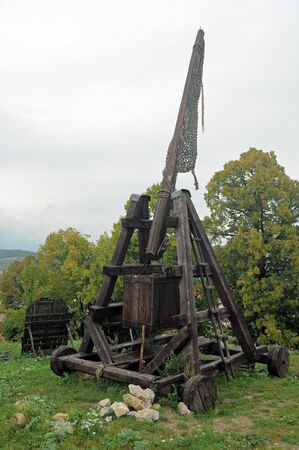 old historic wooden catapult near Trencin castle, Slovakiaの写真素材