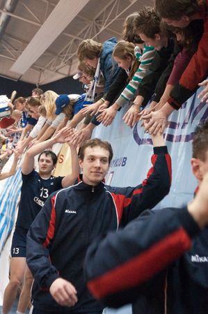 15. April 2010 - HUMENNE, SLOVAKIA - VK Chemes Humenne players shaking hands with fans after a winning game against VK PU (Slavia) Mirad Presovのeditorial素材