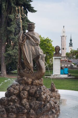 Neptune fountain and other landmarks in city Presov, Slovakia.のeditorial素材