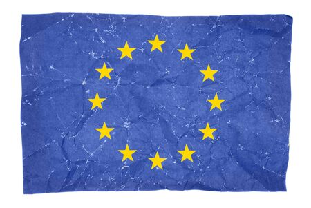 wrinkled flag of European Union isolated on white backgroundの写真素材