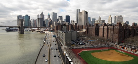 New York City skyline, panorama photo taken from Manhattan Bridge.