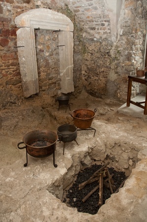 ancient kitchen room in Castle Strecno museum, near city Zilina, Slovakia.のeditorial素材