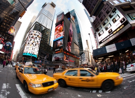 22. MARCH 2011 - NEW YORK, USA - yellow taxi cabs on Times Square in New York, USA. Photo taken on...