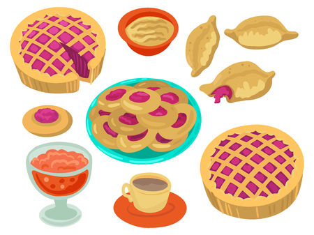 Various pastries cooked at home. A collection of cakes and pies, jam and tea for tea. Different dishes. Bakery products from bakeryのイラスト素材