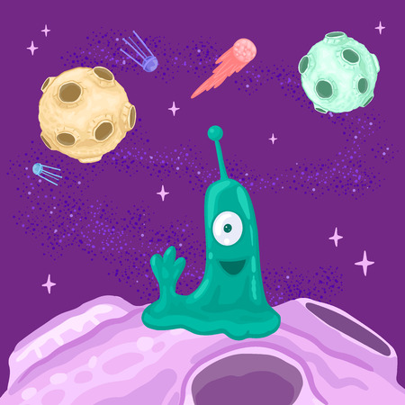 Satellite of the planet with craters. Green aliens welcome. Space flying object. Cute vector drawing of the planet. The space around, the stars on the background. Cartoon objectのイラスト素材
