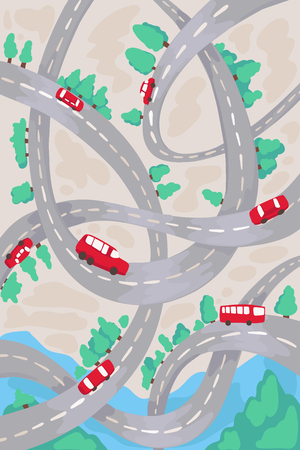 Highways and roads, intersections and junctions. Riding cars and buses, travel behind the wheel. Abstract children's drawing. Vector illustration of the pattern.のイラスト素材