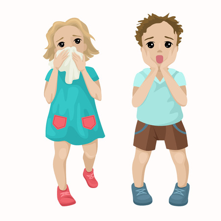 The girl runs from the fire, saves lives. The boy is frightened, screaming with fear, afraid of the incident. Children learn life safety. Vector cute characters on a white background.のイラスト素材