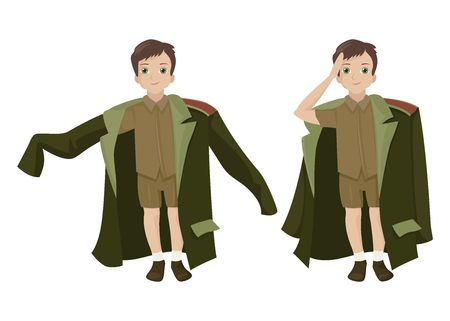 The boy character congratulates men, honors the military, the military uniform of the general, children's costume, rookie. Vector character in different poses on a white background. Cute illustrationのイラスト素材