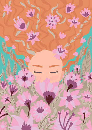 Woman with long hair. Smelling flowers, closed her eyes, around nature and plants. Pink flowers in the hair strands. Congratulations on Women's Day and Mother's Day.のイラスト素材