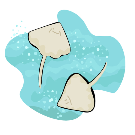 Rays swim in the water through the waves, around the bubbles. Illustration of animals, tropical sea, kids design. Cute smiles.のイラスト素材