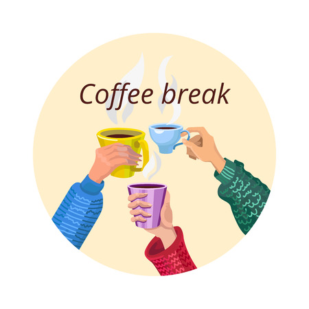 The round icon of coffee house, three hands of different clink glasses with hot coffeeのイラスト素材