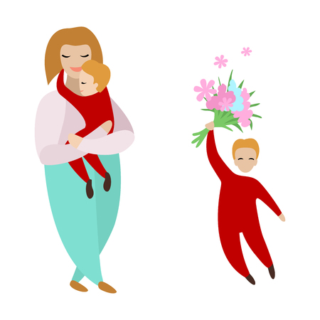 Woman mother hugs the child for congratulations on the holiday. Women's day March 8 or birthday. A child with a bouquet of flowers.のイラスト素材