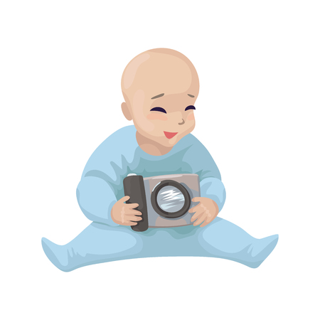 The child sits, smiles, and holds the camera. Logo of a children's photoshoot, children's photographer. Vector illustrationのイラスト素材