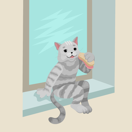 Gray cat sitting on the window. A homeless cat eats a sandwich. Gray striped cat. Fairy-tale character. Vector illustrationのイラスト素材