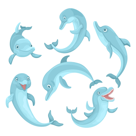 Blue fish mammal dolphins. Vector characters in different poses. Swim and smile. Set of different dolphins.のイラスト素材