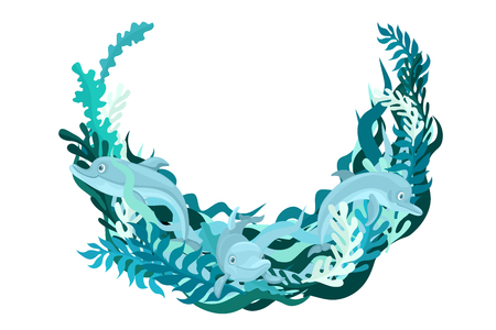 Three dolphins swim out of the water and algae. Marine design. Vectoral frame design for the label or title.のイラスト素材