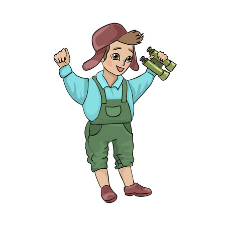 A boy learning orienteering, or playing children's games. Child rejoice and smile, in the hands the binocularsのイラスト素材