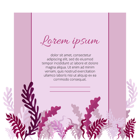 Pink leaves and different plants from below. And behind the banner for your logo or flyer. Vectral spring design for discounts or offersのイラスト素材