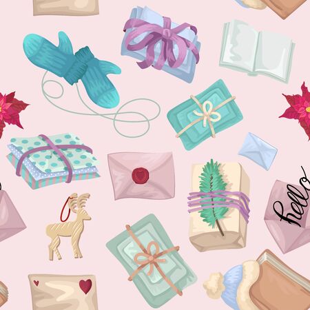 Seamless pattern. A Christmas illustration with envelopes and gifts and a festive decor. Vector drawing patternのイラスト素材