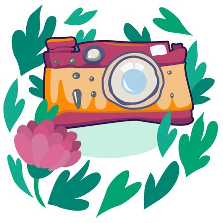 Camera with flowers and plants. Vector illustrationのイラスト素材