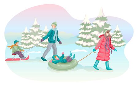 Happy parents are sledding kids in forest. Vector illustration conceptのイラスト素材