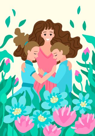 Woman hugs children. Mother with son and daughter. Spring nature and flowers bloom around. A bright illustration, congratulations on the International Women Day and Mother Day. Greeting postcard.のイラスト素材