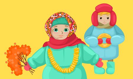 Russian small children in folk clothes. A girl in a headscarf. The boy in the winter hat. Keep a bagels. Illustration of malenitsa. Vector charactersのイラスト素材