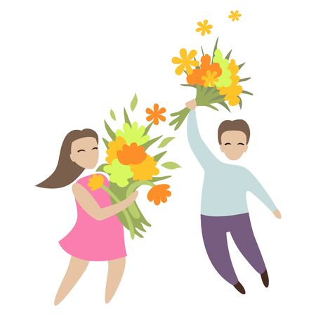 Man and woman with flowers, congratulations on Valentine Day or March 8th.のイラスト素材