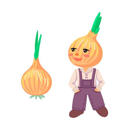 Chippolino. Onion head, a boy with a bow instead of a head. Bulb with green onions. Vector illustrationのイラスト素材