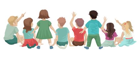 Crowd of children in a lesson or classes, looking forward and showing a hand, raise their hand to ask or answer, activity at school. Vector cartoon flat illustration on white background.のイラスト素材